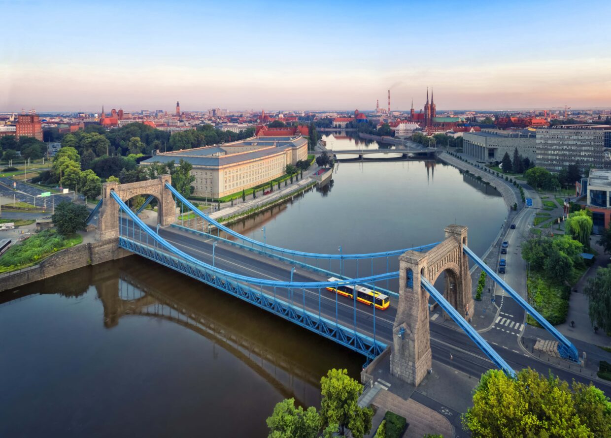 Aerial view of Grunwald Bridge (Most Grunwaldzki) over Oder river in Wroclaw, Poland